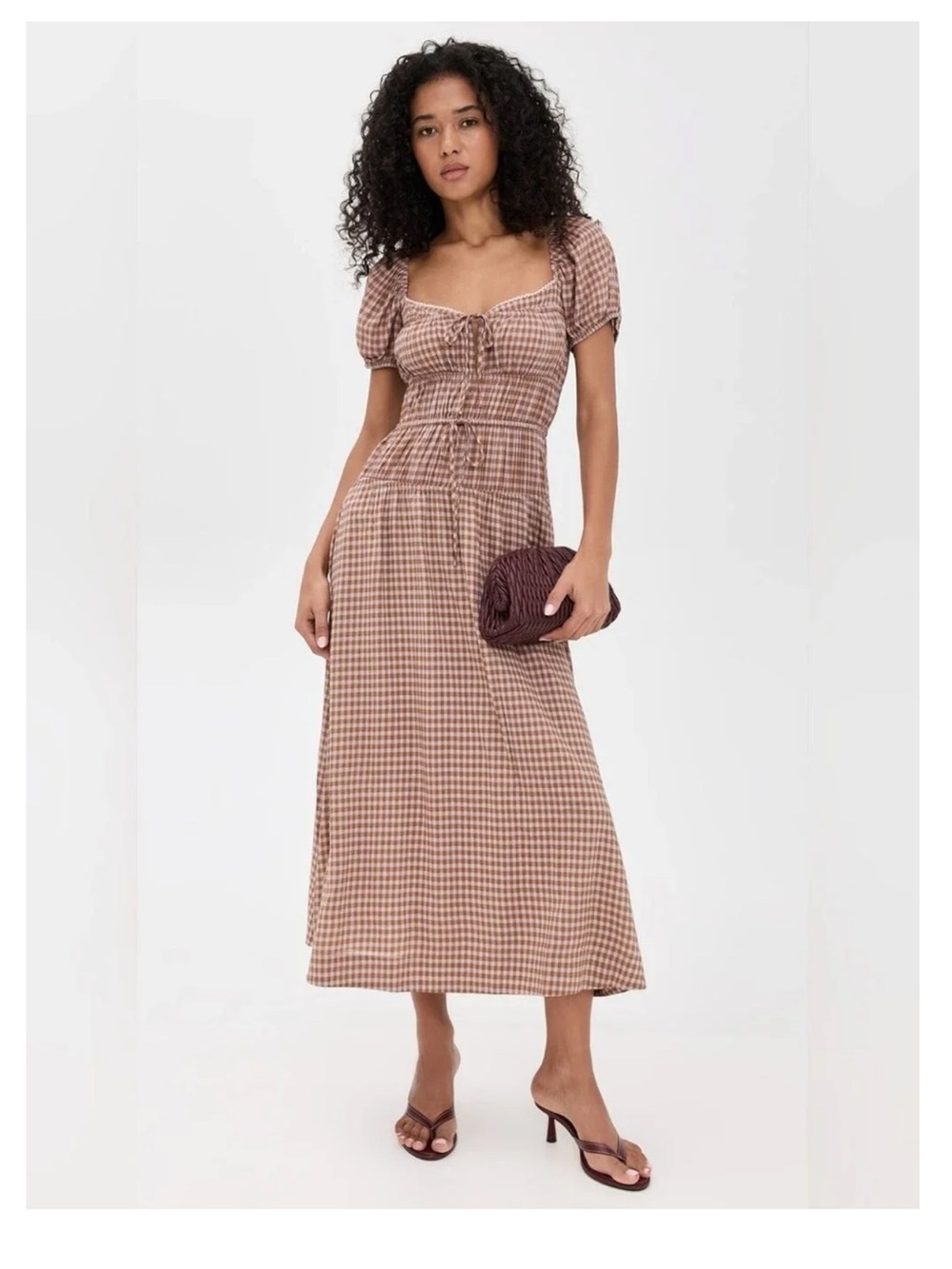 Reformation Mauve Gingham Puff-Sleeve Maxi Dress